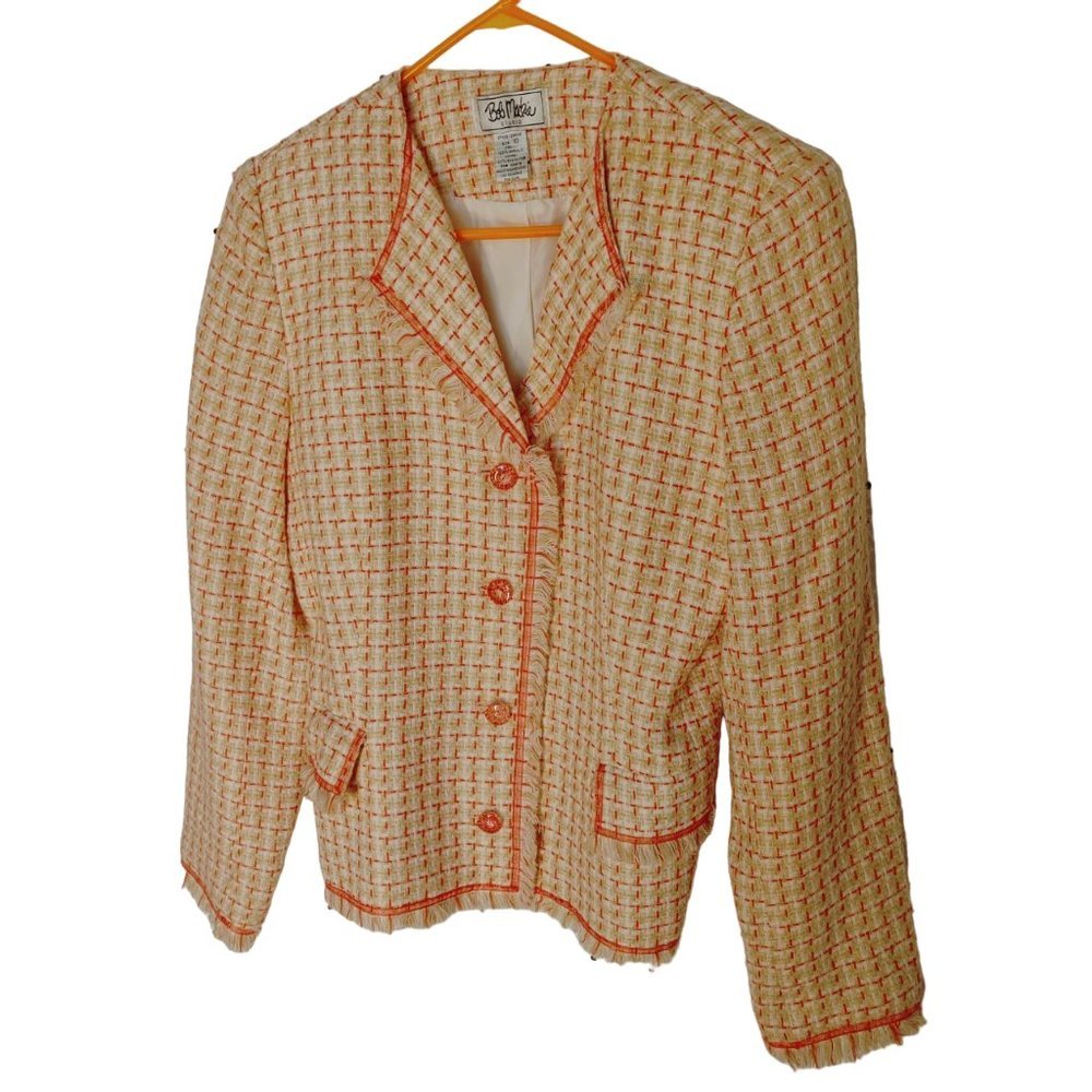 BOB Mackie salmon and cream plaid / tweed suit jacket size 10 (T-1,2)